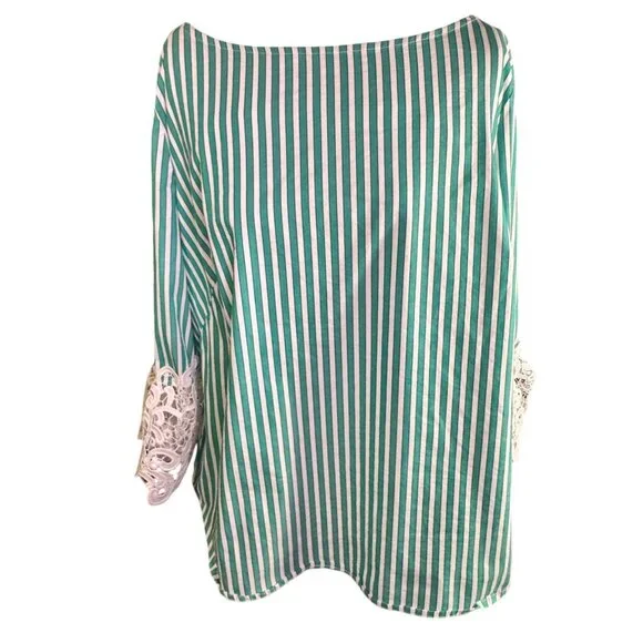 Liz Claiborne Green & White Striped Blouse W/ Lace Cuff Detail M Cotton Blend - Picture 2 of 9